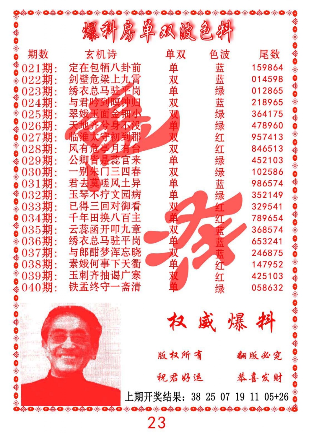 032期爆料房单双波色料[图]