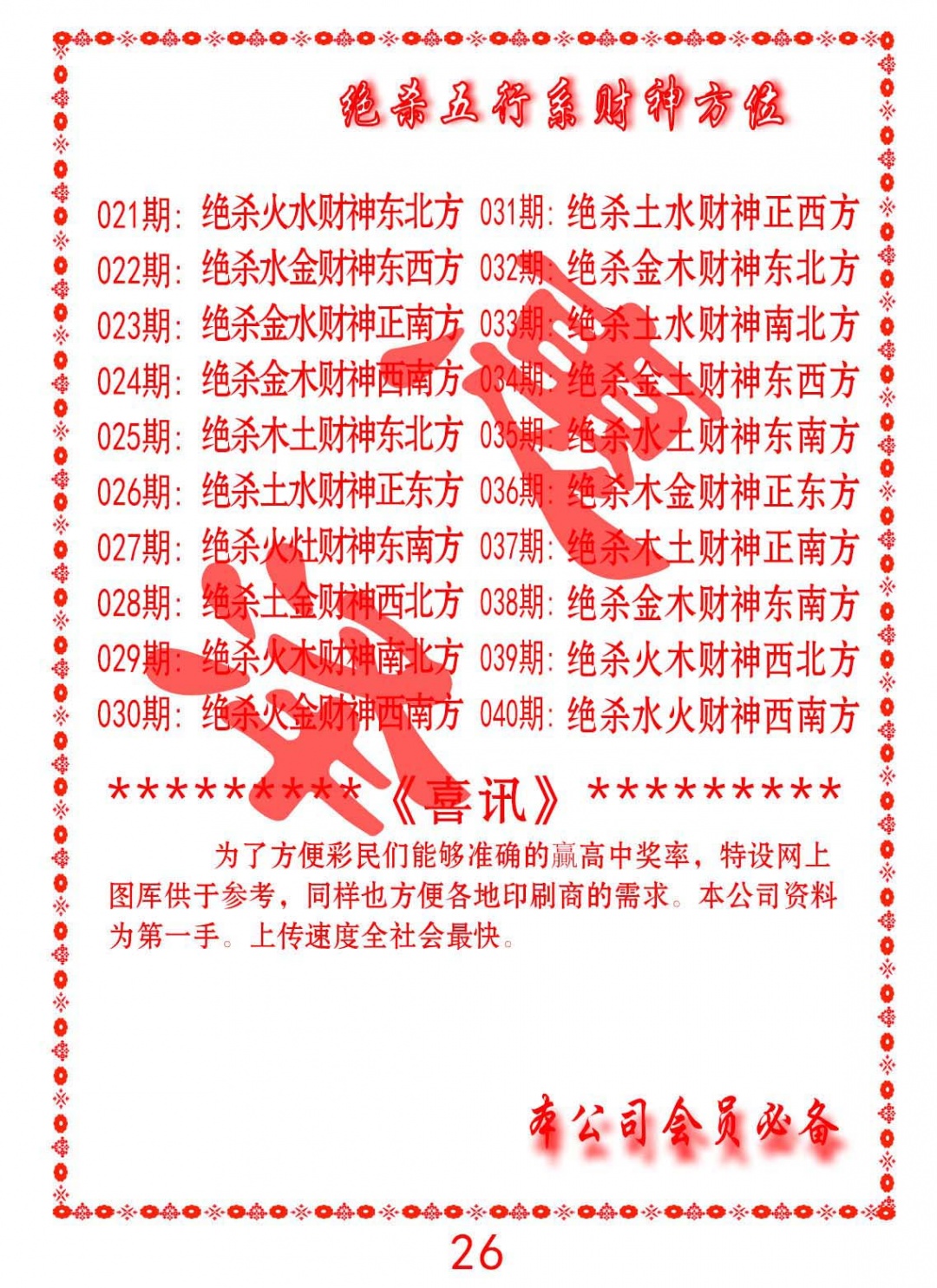 032期绝杀五行及财神方位[图]